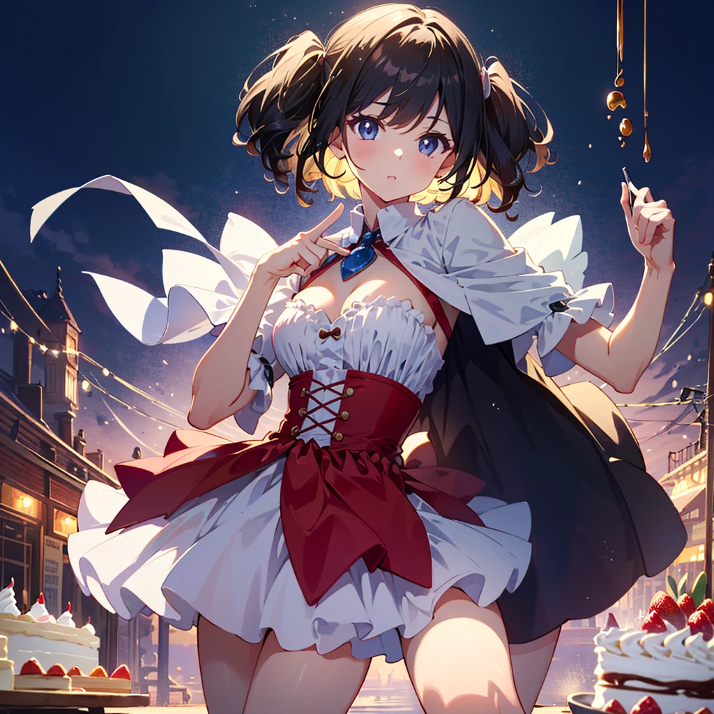 Masterpiece, top quality, high resolution background, bright and beautiful atmosphere, 3 girls (2 years old, 1 short-tempered round face), 1 (hair, surface effect), small breasts, big whole cake, fashionably dressed girl , girls dancing happily around her, a girl eating snacks and putting fresh cream on her cheeks, "deltamon_sdXL :0.73) >Deltamon"