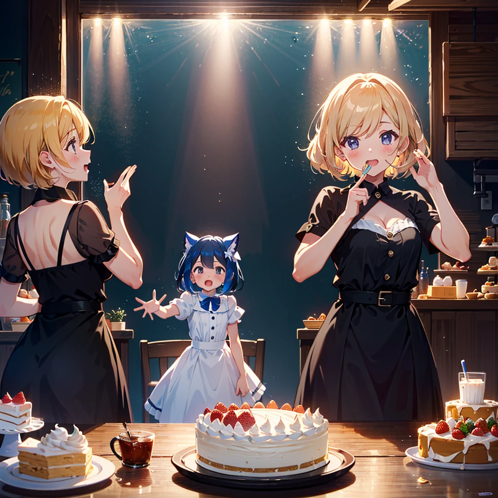 Masterpiece, top quality, high resolution background, bright and beautiful atmosphere, 3 girls (2 years old, 1 short-tempered round face), 1 (hair, surface effect), small breasts, big whole cake, fashionably dressed girl , girls dancing happily around her, a girl eating snacks and putting fresh cream on her cheeks, "deltamon_sdXL :0.73) >Deltamon"
