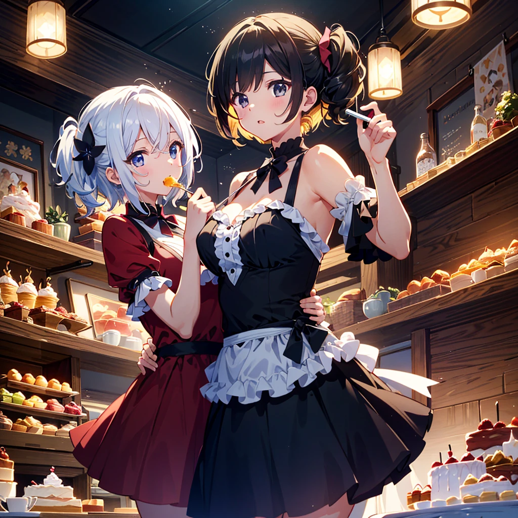 Masterpiece, top quality, high resolution background, bright and beautiful atmosphere, 3 girls (2 , 1 short-tempered round face), 1 (hair, surface effect), small breasts, big whole cake, fashionably dressed girl , girls dancing happily around her, a girl eating snacks and putting fresh cream on her cheeks, "deltamon_sdXL :0.73) >Deltamon"
