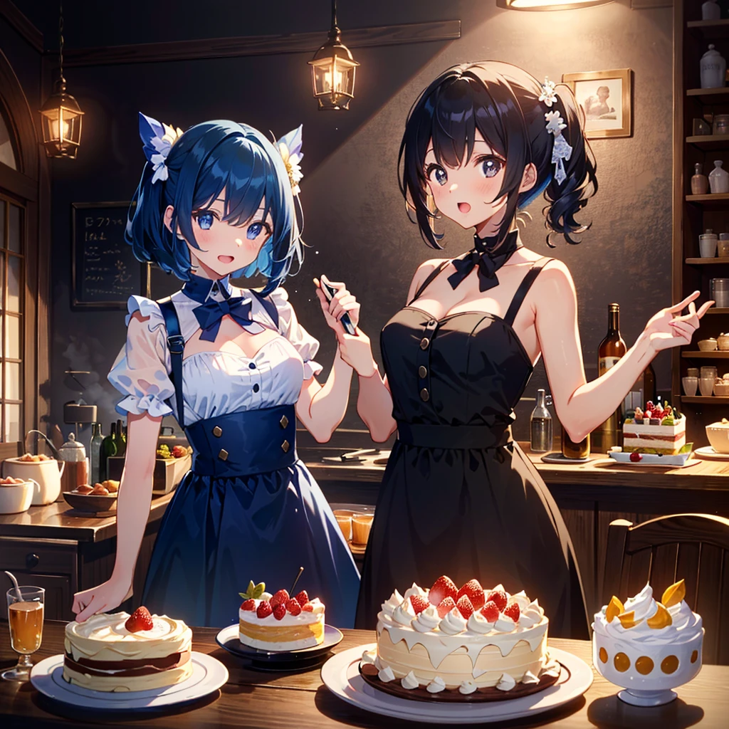 Masterpiece, top quality, high resolution background, bright and beautiful atmosphere, 3 girls (, 1 short-tempered round face), 1 (hair, surface effect), small breasts, big whole cake, fashionably dressed girl , girls dancing happily around her, a girl eating snacks and putting fresh cream on her cheeks, "deltamon_sdXL :0.73) >Deltamon"
