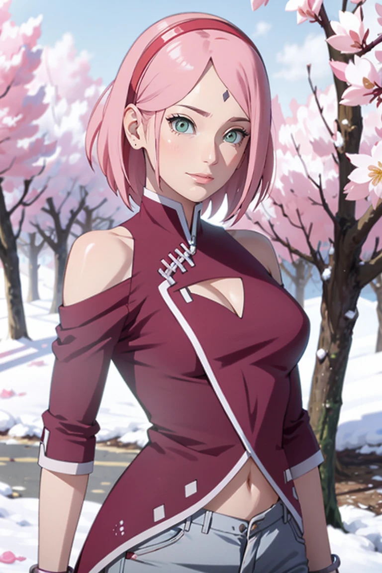tmasterpiece, Best quality at best, 1girll, Sakura Haruno, Large breasts,Off-the-shoulder attire,(cleavage),(upperbody closeup),Raised sexy,is shy,ssmile,with pink hair,short hair, (Green eyeballs:1.4), Forehead protection, the cherry trees,Cherry blossoms flying,Red clothes,Zipper half, white pant