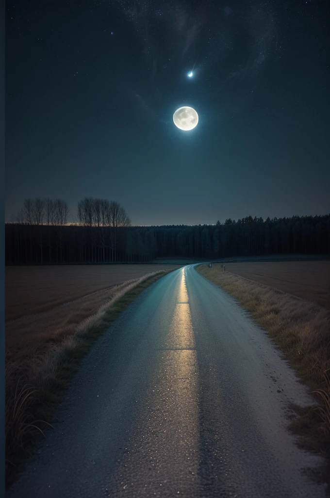 there is a road that is next to a field with a full moon, street moon landscape, night photography, night time photography, night time photograph, photography at night, scenic view at night, night scenery, night sky photography, night time footage, night photo, at night with moon light, moonlit night dreamy atmosphere, nighttime photography, walking towards the full moon