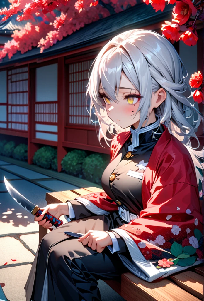 Ultra detailed, high resolution, absurd, HDR, masterpiece, anime girl, beautiful woman, long white hair with red streaks, expressive yellow eyes, red haori, black demon slayer uniform, wearing black pants,Kimetsu No Yaiba, fantasy , petals, red flowers, beautiful, woman sitting alone on a wooden bench, alone, afternoon, sun, forest next to a Japanese house, best quality, extremely detailed face and eyes, expressionless, apathetic, dark circles under the eyes, cutting the upper part of the forearm with a knife, painlessly