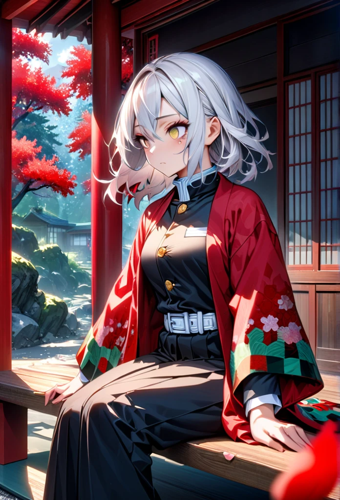 Ultra detailed, high resolution, absurd, HDR, masterpiece, anime girl, beautiful woman, long white hair with red streaks, expressive yellow eyes, red haori, black demon slayer uniform, wearing black pants,Kimetsu No Yaiba, fantasy , petals, red flowers, beautiful, woman sitting alone on a wooden bench, alone, afternoon, sun, forest next to a Japanese house, best quality, extremely detailed face and eyes, expressionless, apathetic, dark circles under the eyes, cutting the upper part of the forearm with a knife, painlessly