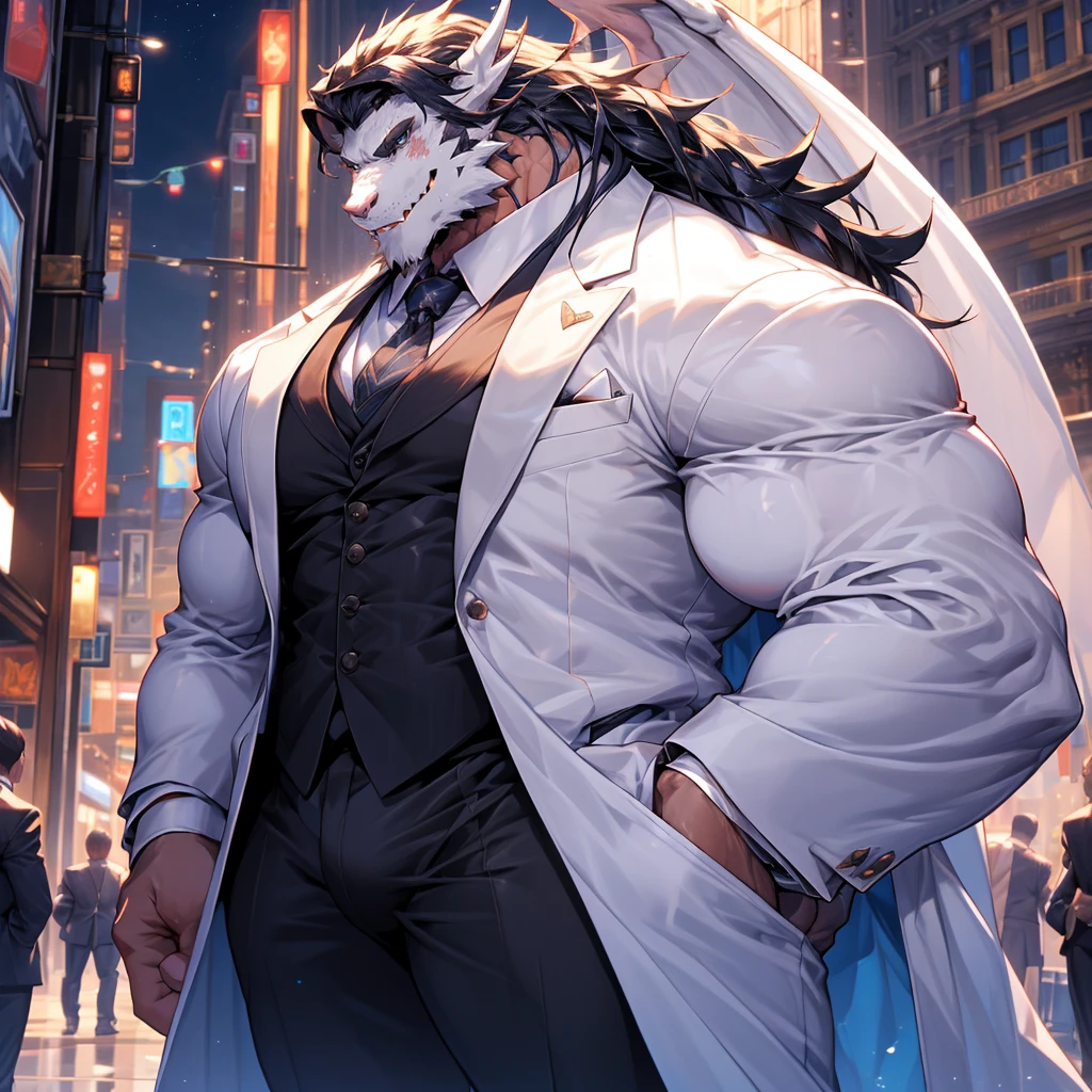 Very muscular white dragon, big pecs, heavy weight, bodybuilder build, wearing white suit, formal attire, large bulge, standing while playing with a smartphone, in the public full of building, bright smile expression, glistening skin, black long hair,vibrant color, 4k, realism, cool lighting