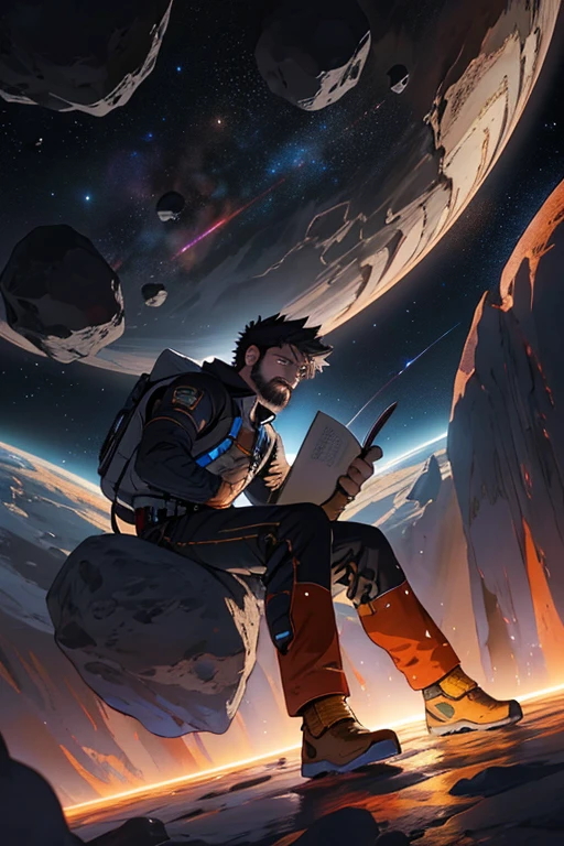 Draw a young programmer, sitting on a research platform floating in the middle of an asteroid belt. He is studying with a notebook, surrounded by several asteroids glowing with fiery auras. Dramatic lighting from distant stars and planets illuminates the scene, casting deep shadows on the suit. The young man looks confident and determined, looking at the vast and mysterious universe with wonder and respect,facial hair, cowboy shot,