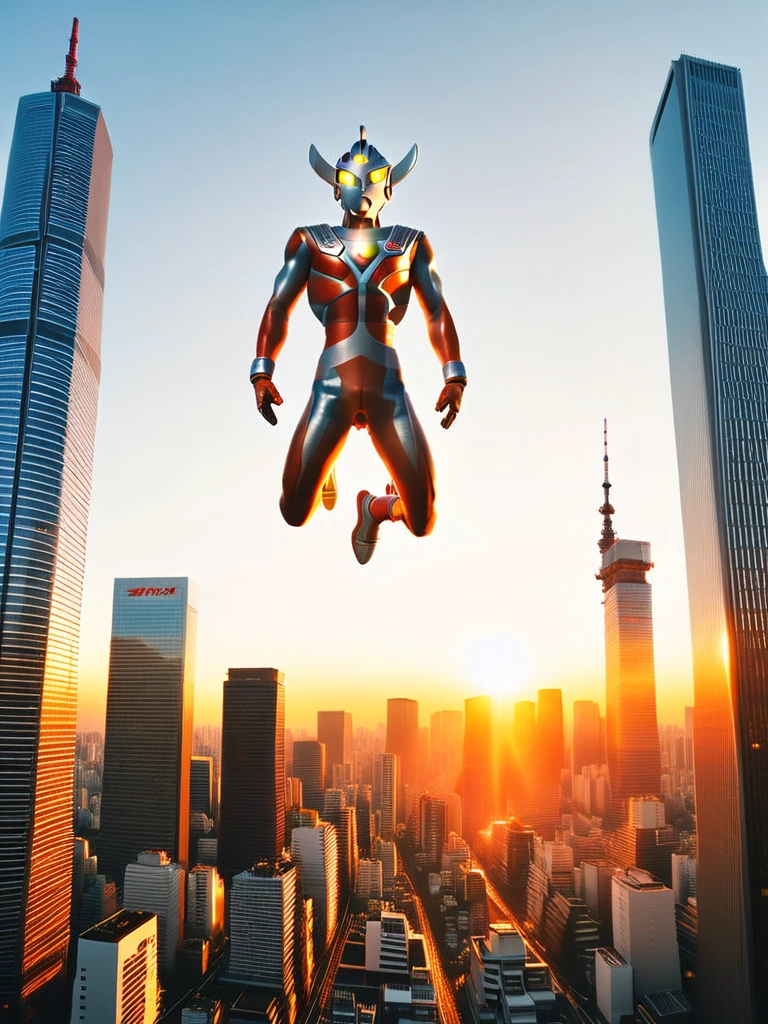 A large, flat UFO flies over the skyscrapers of Tokyo at sunset. Ultraman Taro is hanging dead from a rope lowered from the bottom. His head is tilted, he is urinating, drooling, his eyes are black, and he is dead. His body is hanging limply and thin.