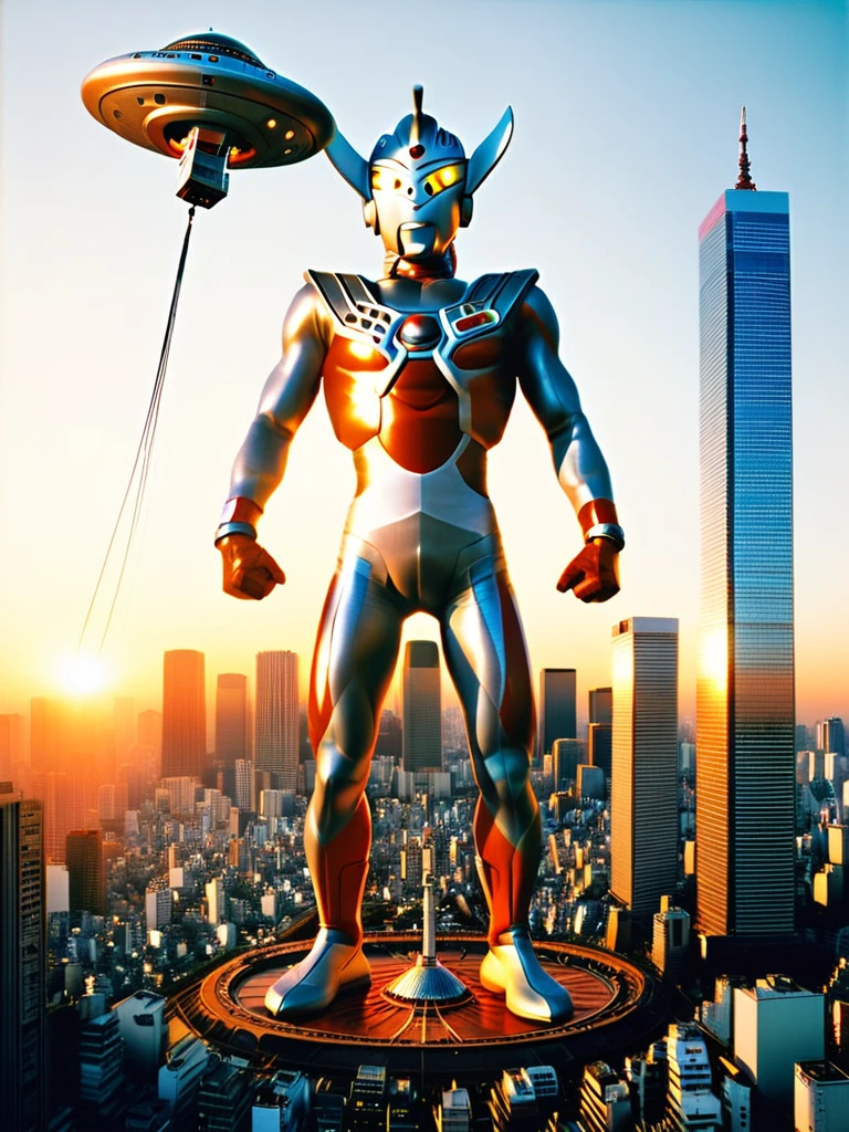 A large, flat UFO flies over the skyscrapers of Tokyo at sunset. Ultraman Taro is hanging dead from a rope lowered from the bottom. His head is tilted, he is urinating, drooling, his eyes are black, and he is dead. His body is hanging limply and thin.