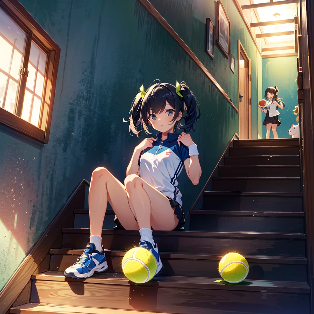 Masterpiece, top quality, high resolution background, bright and beautiful atmosphere, 3 girls (2 , 1 short-tempered round face), 1 (hair, surface effects), small breasts, a girl sitting in the middle of a very long staircase , many mini pigs at the bottom of the stairs, a tennis ball falling down the stairs, a girl wearing tennis clothes on the stairs, "deltamon_sdXL :0.73) >Deltamon",(((nsfw))),