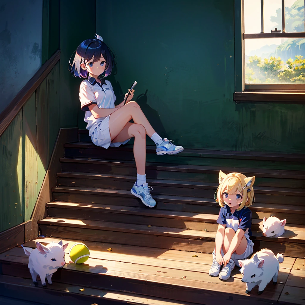 Masterpiece, top quality, high resolution background, bright and beautiful atmosphere, 3 girls (, 1 short-tempered round face), 1 (hair, surface effects), small breasts, a girl sitting in the middle of a very long staircase , many mini pigs at the bottom of the stairs, a tennis ball falling down the stairs, a girl wearing tennis clothes on the stairs, "deltamon_sdXL :0.73) >Deltamon",(((nsfw))),