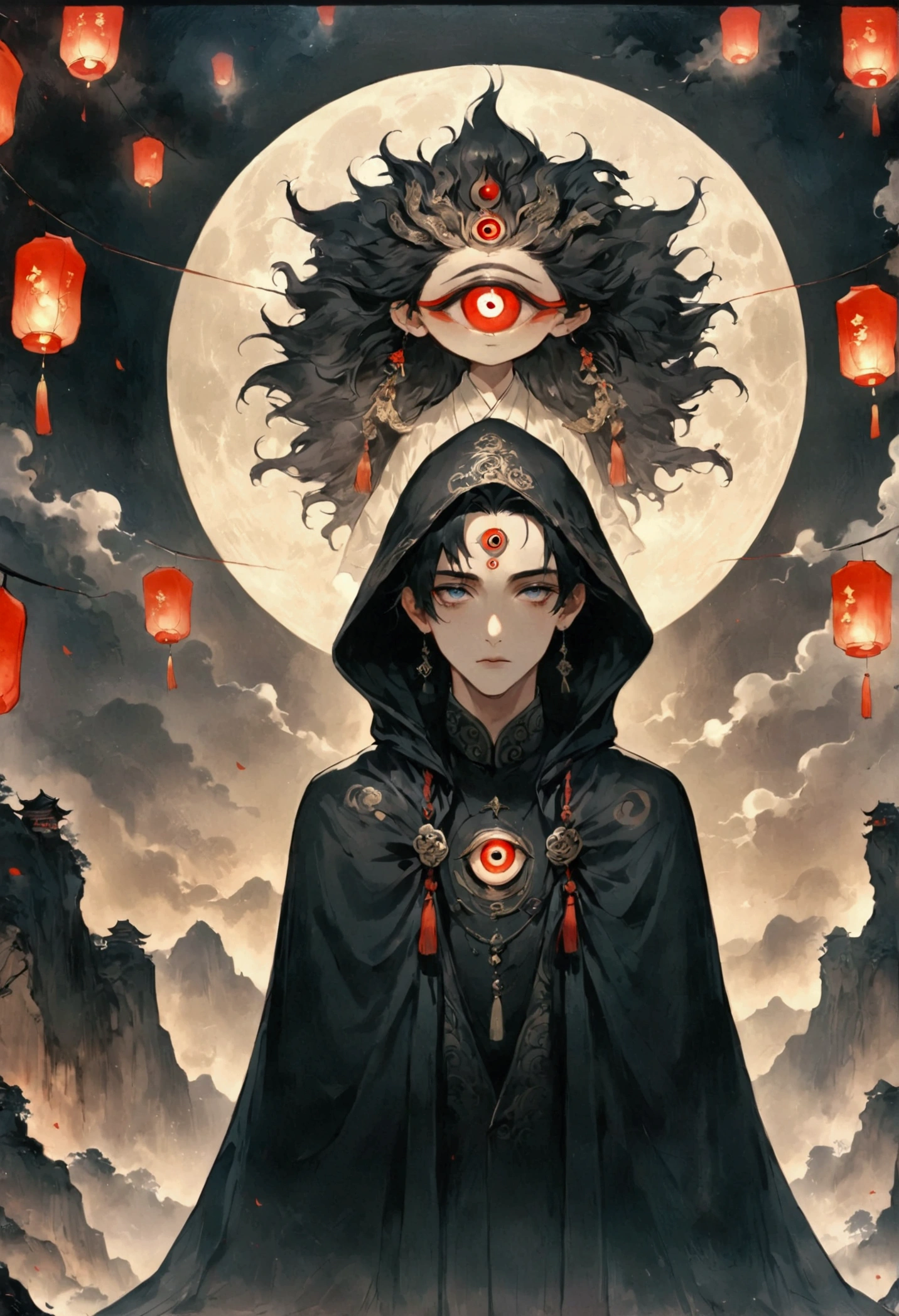 Art Illustration，Dark Style，(((1 Boy，独奏，third eye on the forehead，))),(((Hooded Cape：1.6，Eye Diagram，Dark Pattern))).whole body，Paper lanterns in the sky，Kongming Lantern，Death Stare。，moonlight