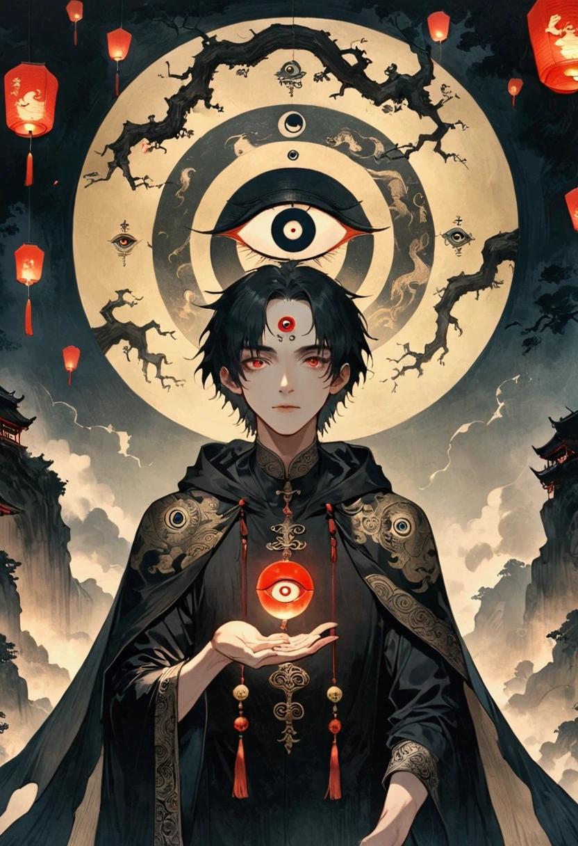 Art Illustration,Dark Style,(((1 Boy,独奏,third eye on the forehead,))),(((Hooded Cape:1.6,Eye Diagram,Dark Pattern))).whole body,Paper lanterns in the sky,Kongming Lantern,Death Stare。,moonlight