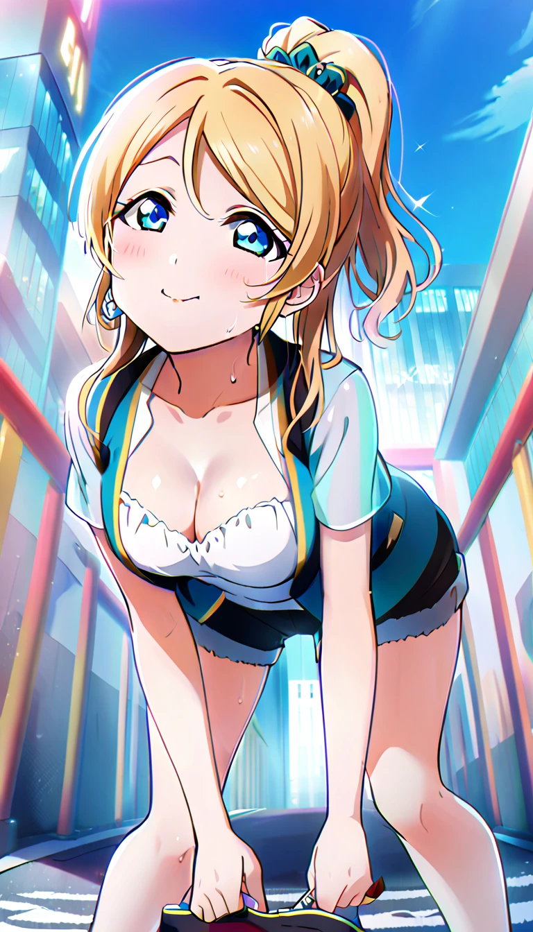 18-year-old mature woman, Ayase Eri, full body, wearing shorts and matching clothes for going out on the town in midsummer, hands on both knees, leaning forward and looking up at the viewer, slightly flushed cheeks, medium chest, cleavage visible, id_eri_ayase, city background, 8k