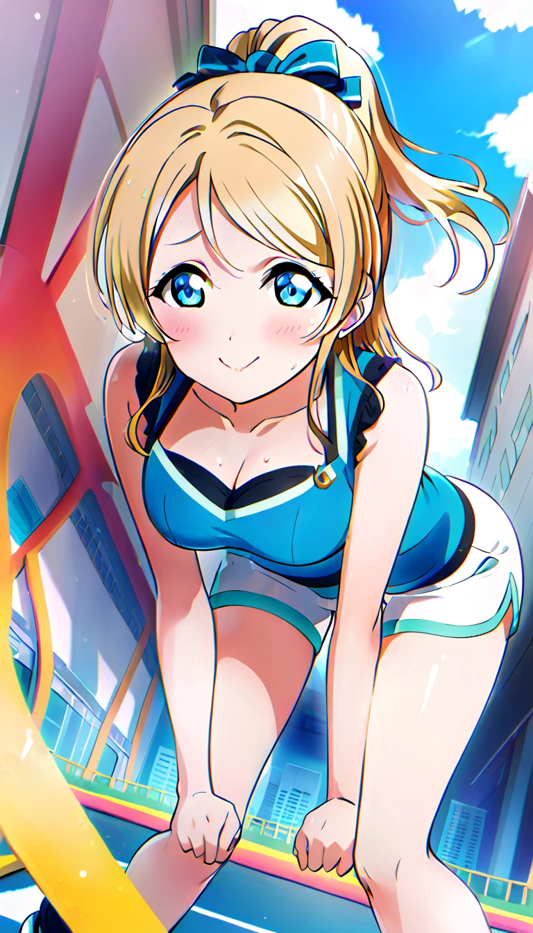 18-year-old mature woman, Ayase Eri, full body, wearing shorts and matching clothes for going out on the town in midsummer, hands on both knees, leaning forward and looking up at the viewer, slightly flushed cheeks, medium chest, cleavage visible, id_eri_ayase, city background, 8k