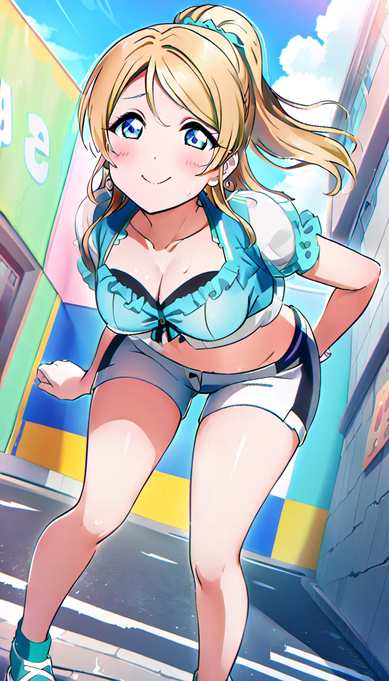 18-year-old mature woman, Ayase Eri, full body, wearing shorts and matching clothes for going out on the town in midsummer, hands on both knees, leaning forward and looking up at the viewer, slightly flushed cheeks, medium chest, cleavage visible, id_eri_ayase, city background, 8k