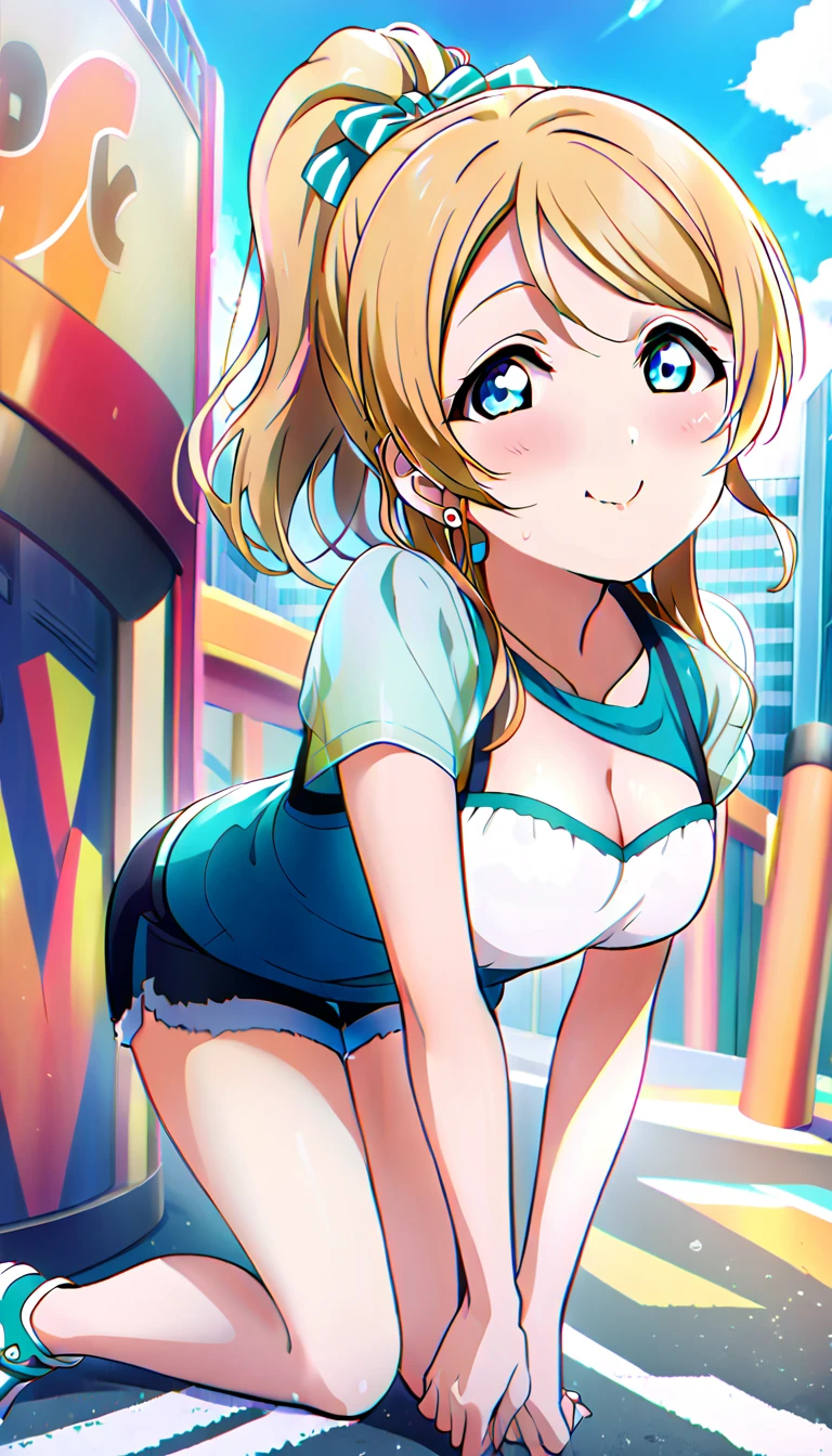 18-year-old mature woman, Ayase Eri, full body, wearing shorts and matching clothes for going out on the town in midsummer, hands on both knees, leaning forward and looking up at the viewer, slightly flushed cheeks, medium chest, cleavage visible, id_eri_ayase, city background, 8k