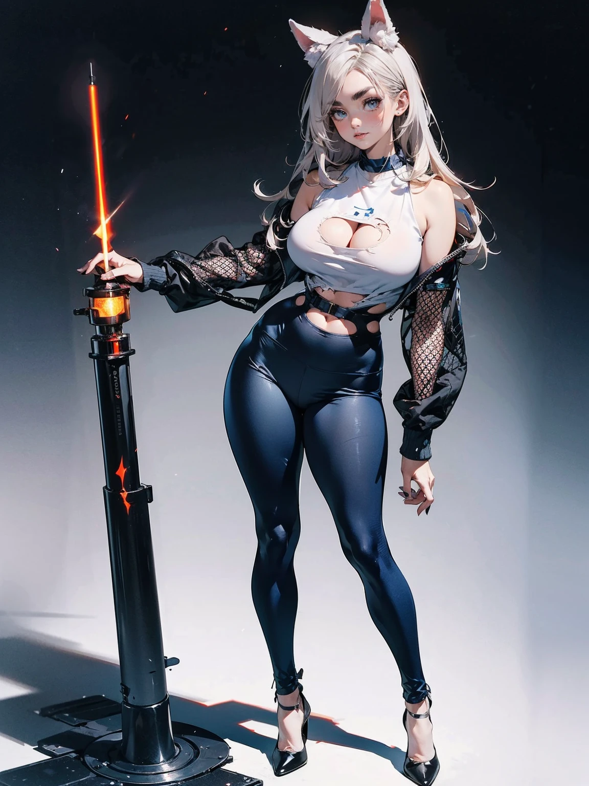 Sense of presence, look up, Focus on shoes, (White Hair Girl), (Thick, dark blue eyebrows:1.4), (Dark blue eyebrows:1.7), (Thick eyebrows:1.3), (Huge black fluffy animal ears:1.1), (Black animal ears:1.1), BREAK, (((Mesh Stitching Crop T-Shirt, Cutout Long Sleeve Top))),BREAK, (Big Breasts:1.2, Thick legs, Adult female body, Sturdy body:1.2), ((full body:1.7, Contrapposto:1.5)), (sharp eyes, Ultra-high definition CG, Precisely designed costumes, 4K, 8k, Ultra-high definition CG, Precisely designed costumes, Clear lines, Expressive and Captivating Eyes, Fine Details and Realistic Textures, cinematic lighting), ((white background)), BREAK, (Wearing black leggings with holes), Skinny sleeves, (Torn and holey leggings:1.2)(Black leggings:1.4), (過剰なRuggedThick soleブーツを履いています:1.2), (Thick sole:1.5), (Big shoes:1.3), brwak,((Lightsabers:1.3, embarrassed))　
