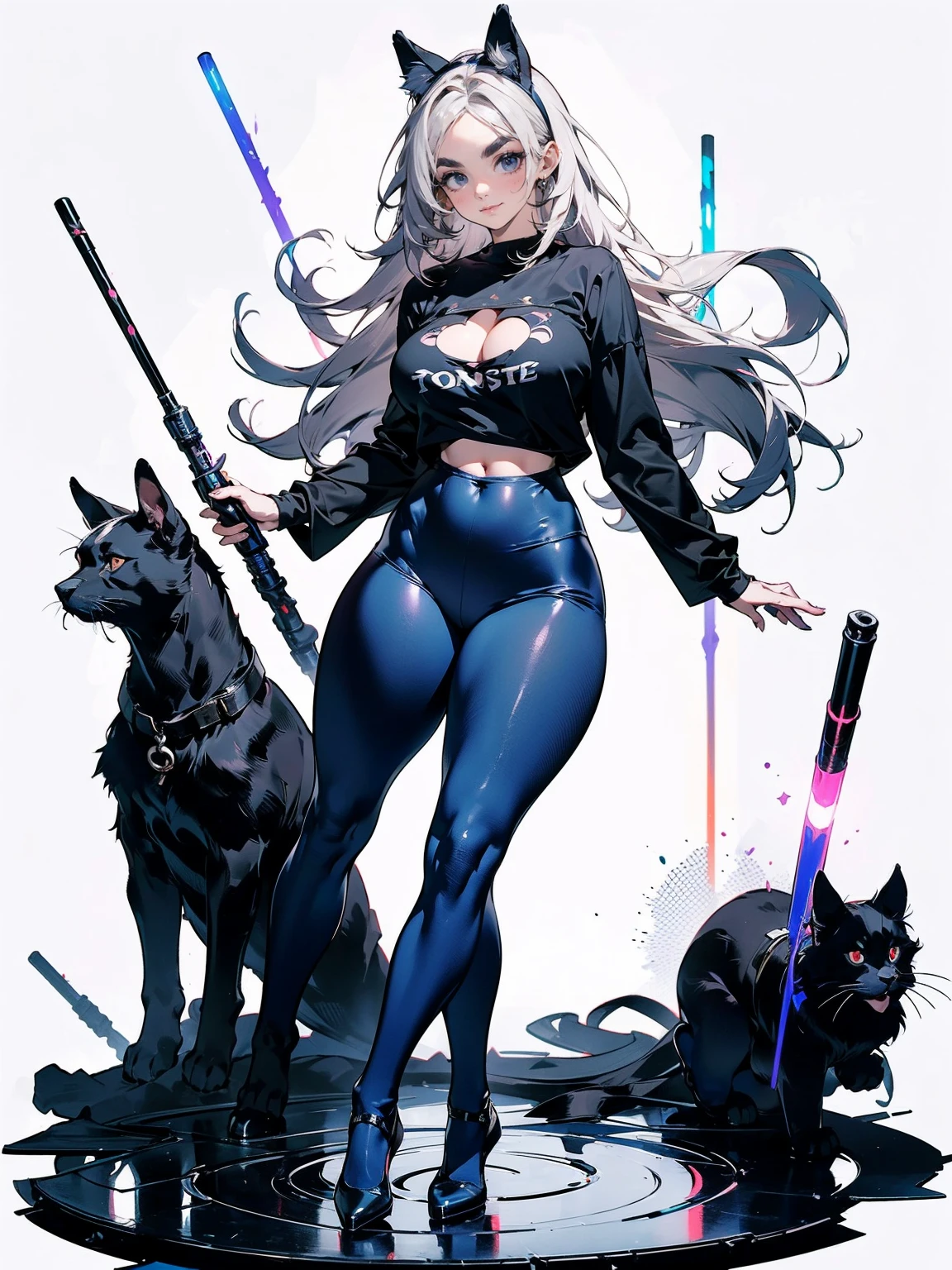 Sense of presence, look up, Focus on shoes, (White Hair Girl), (Thick, dark blue eyebrows:1.4), (Dark blue eyebrows:1.7), (Thick eyebrows:1.3), (Huge black fluffy animal ears:1.1), (Black animal ears:1.1), BREAK, (((Mesh Stitching Crop T-Shirt, Cutout Long Sleeve Top))),BREAK, (Big Breasts:1.2, Thick legs, Adult female body, Sturdy body:1.2), ((full body:1.7, Contrapposto:1.5)), (sharp eyes, Ultra-high definition CG, Precisely designed costumes, 4K, 8k, Ultra-high definition CG, Precisely designed costumes, Clear lines, Expressive and Captivating Eyes, Fine Details and Realistic Textures, cinematic lighting), ((white background)), BREAK, (Wearing black leggings with holes), Skinny sleeves, (Torn and holey leggings:1.2)(Black leggings:1.4), (過剰なRuggedThick soleブーツを履いています:1.2), (Thick sole:1.5), (Big shoes:1.3), brwak,((Lightsabers:1.3, embarrassed))　

