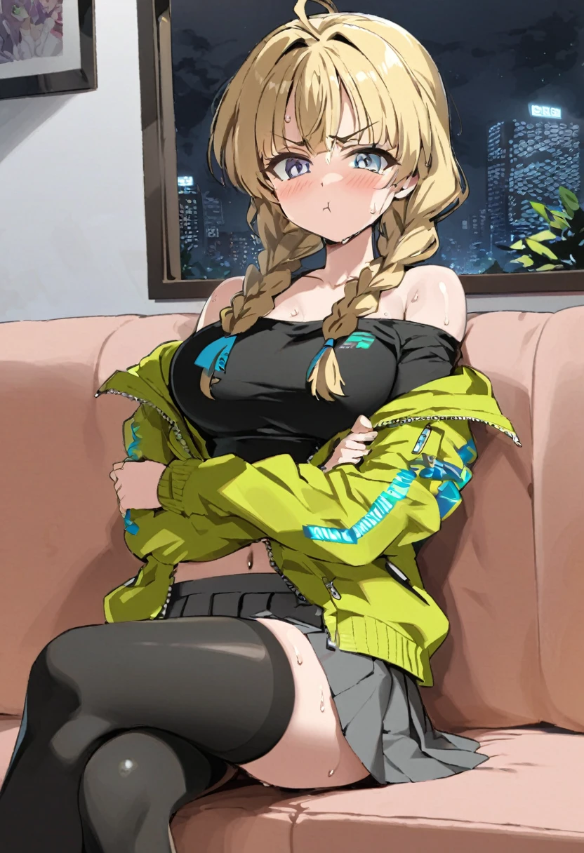 tss, score_9, score_8_up, score_7_up, score_6_up, source_anime, shiny skin, 
1girl, cyan eyes, blonde eyebrows, blonde hair, double bangs, braids, ponytail, black crop top, off shoulder unzipped jacket, waist-level pleated skirt, grey skirt, pout mouth, blush, flushed, looking at viewer, sweat, crossed arms, angry, stern eyes, night time, living room, on sofa, crossed legs, black stockings