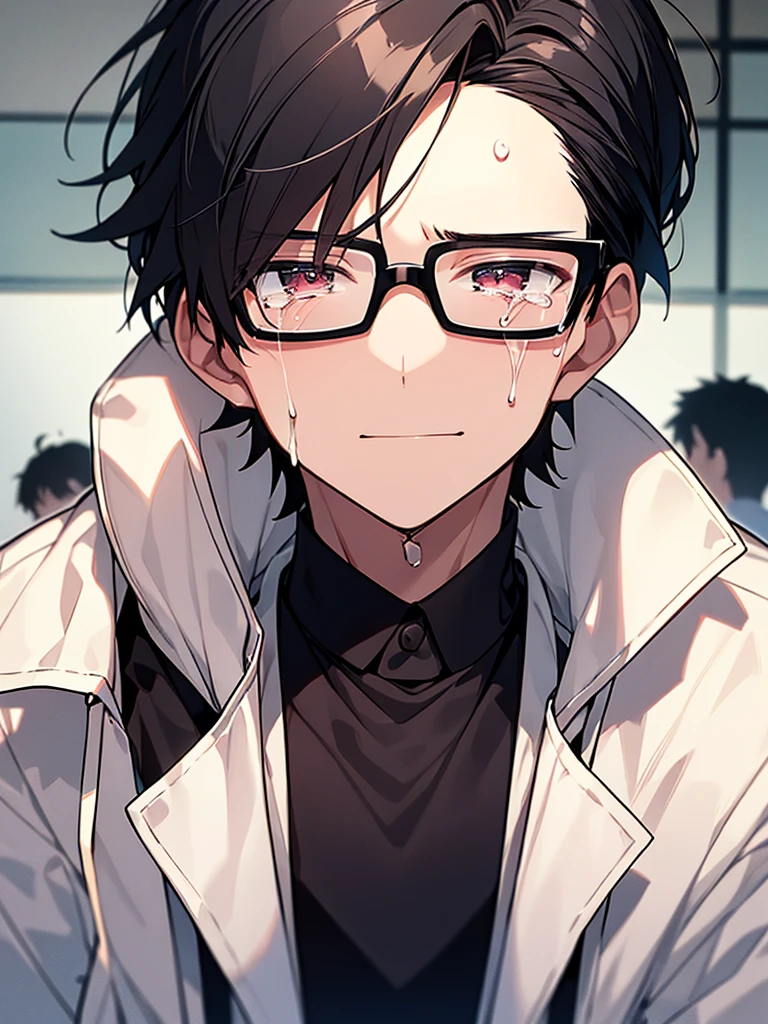 Black-haired, nerdy young man, white shirt, jacket, izakaya, pathetic crying face, wrinkles on eyebrows, glasses