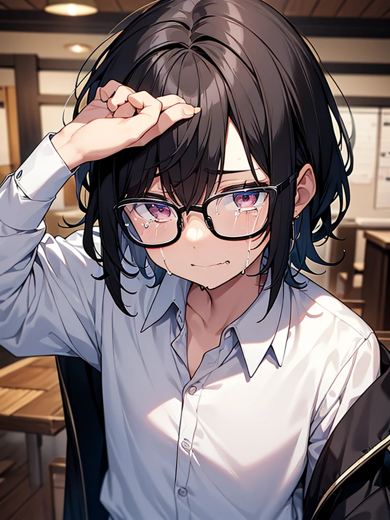 Black-haired, nerdy young man, white shirt, jacket, izakaya, pathetic crying face, wrinkles on eyebrows, glasses