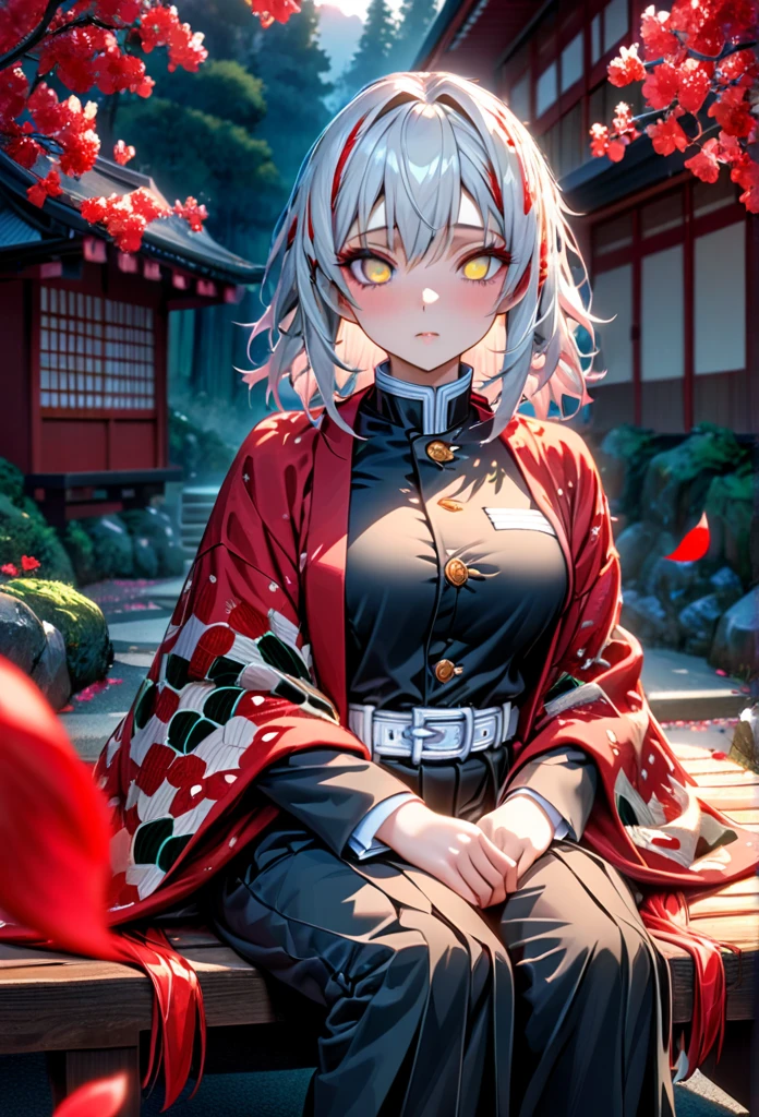Ultra detailed, high resolution, absurd, HDR, masterpiece, anime girl, beautiful woman, long white hair with red streaks, long red streaks on the hair, expressive yellow eyes, red haori, black demon slayer uniform, wearing black pants,Kimetsu No Yaiba, fantasy , petals, red flowers, beautiful, woman sitting alone on a wooden bench, alone, afternoon, sun, forest next to a Japanese house, best quality, extremely detailed face and eyes, expressionless, apathetic, deep dark circles under the eyes
