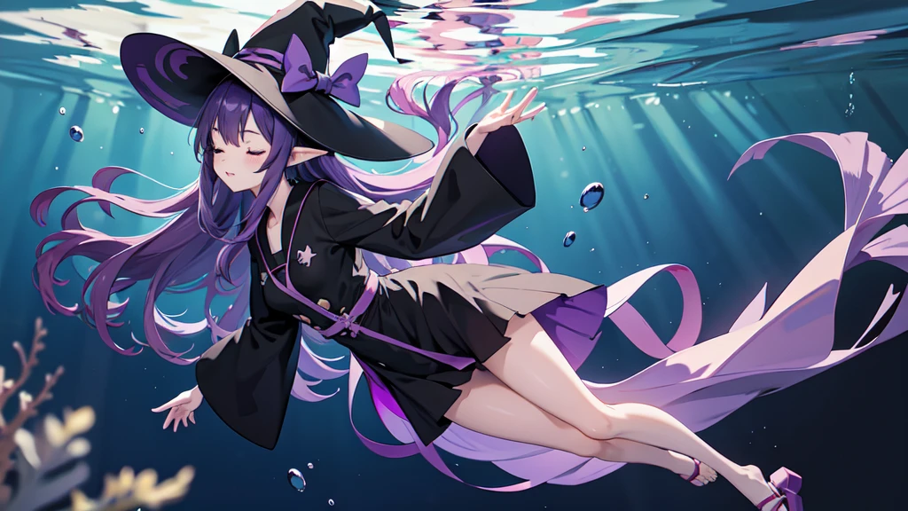 Anime girl. Long purple hair and black robe. Pointy ears. Witch hat. Cute cartoon. Illustration, one. Full body. High school student. Floating in water. Deep underwater. Underwater. Eyes closed.