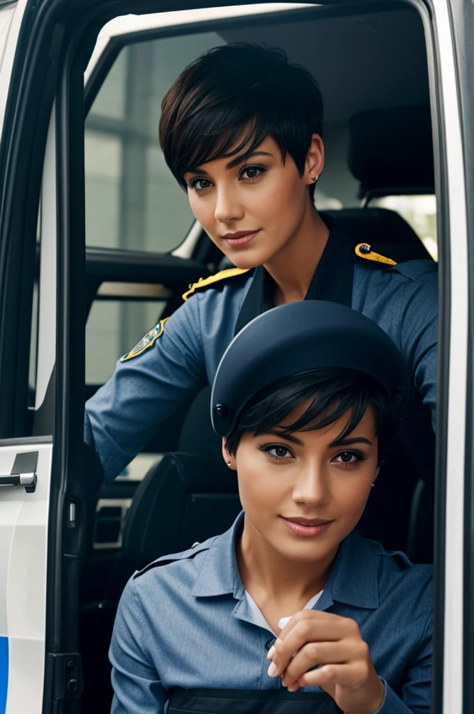 A lady with short hair getting into a police car,(Clear and detailed image)