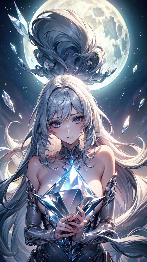 silver hair, crystal hair, floating hair, Surrealism, 8k, super detail, UHD, masterpiece, accurate, anatomically correct, textured skin, super detail, high details, high quality, award winning, best quality, highres
"Create an image of a girl themed around the moon. She has long silver hair and a quiet demeanor, appearing to gaze at someone with a calm, solitary expression."