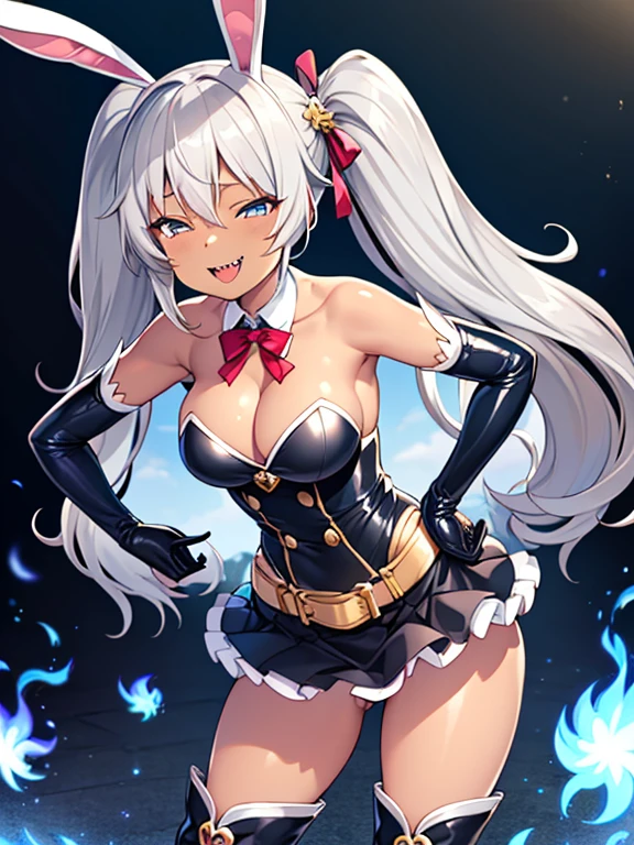 (Front Focus),(In the Dark:1.6), (masterpiece, Highest品質, Highest, Official Art, beautifully、aesthetic:1.2), Game CG, Extremely detailed and realistic CG, colorful, masterpiece, Highest品質, Jewel-like eyes, One girl, alone, (Gray Hair:1.5), Shiny Hair, Very long straight hair, Twin tails, thin, thin脚, Magical girl, prity dress, dress, black magical dress, Layered mini skirt, Panty shot, Black trousers, Magic Boots, Absolute area, Iris, Hollow Eyes, bursting breasts, (Very large breasts:1.8),Saggy breasts, Cleavage, black elbow gloves, latex, Grin, smile, Jig eyes, Close, Half-closed eyes, tsurime, From a viewpoint, Highest quality eyes, Sharp teeth, Tsundere, Leaning forward, Hands on hips, teasing, Conceit, Open your mouth, tooth, Sticking out tongue, (Sharp focus:1.2), Big ribbon, cute headdress, Luxury Boots, Dark Skin, Bunny ears,