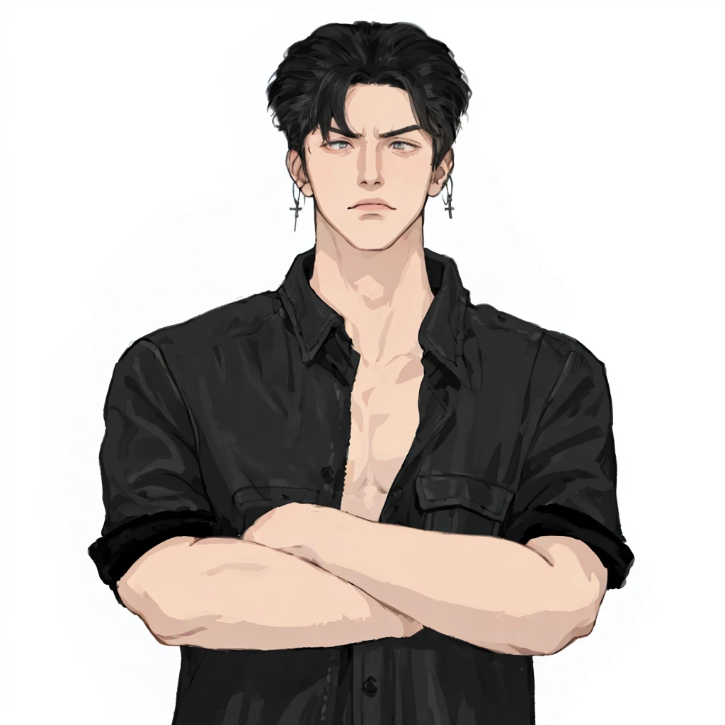 (masterpiece:1.2, best quality), (1men, solo, upper body:1.2),angry face,Hair: buzz cut,Clothing: oversized, distressed denim jacket with patches and pins, paired with black skinny jeans and combat boots, Hanging out in an underground music venue or street art exhibit