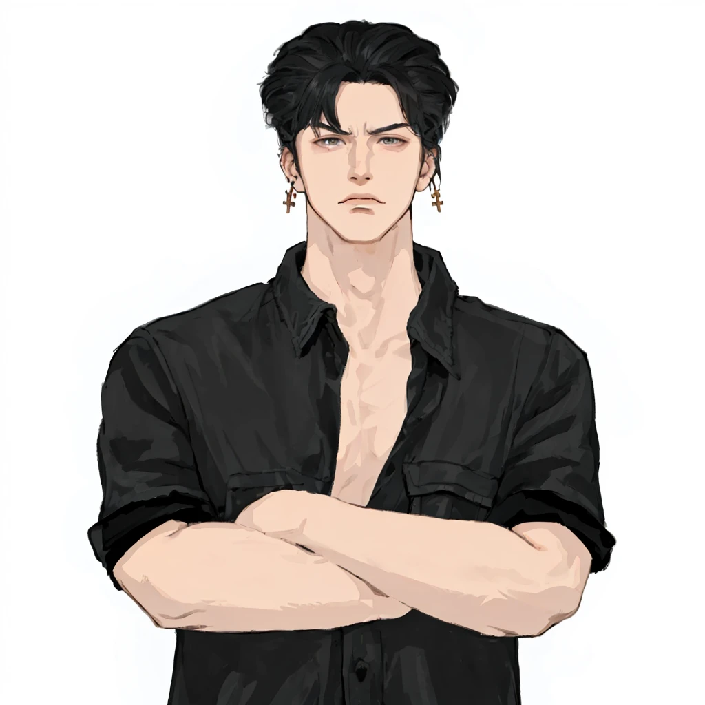 (masterpiece:1.2, best quality), (1men, solo, upper body:1.2),angry face,Hair: buzz cut,Clothing: oversized, distressed denim jacket with patches and pins, paired with black skinny jeans and combat boots, Hanging out in an underground music venue or street art exhibit