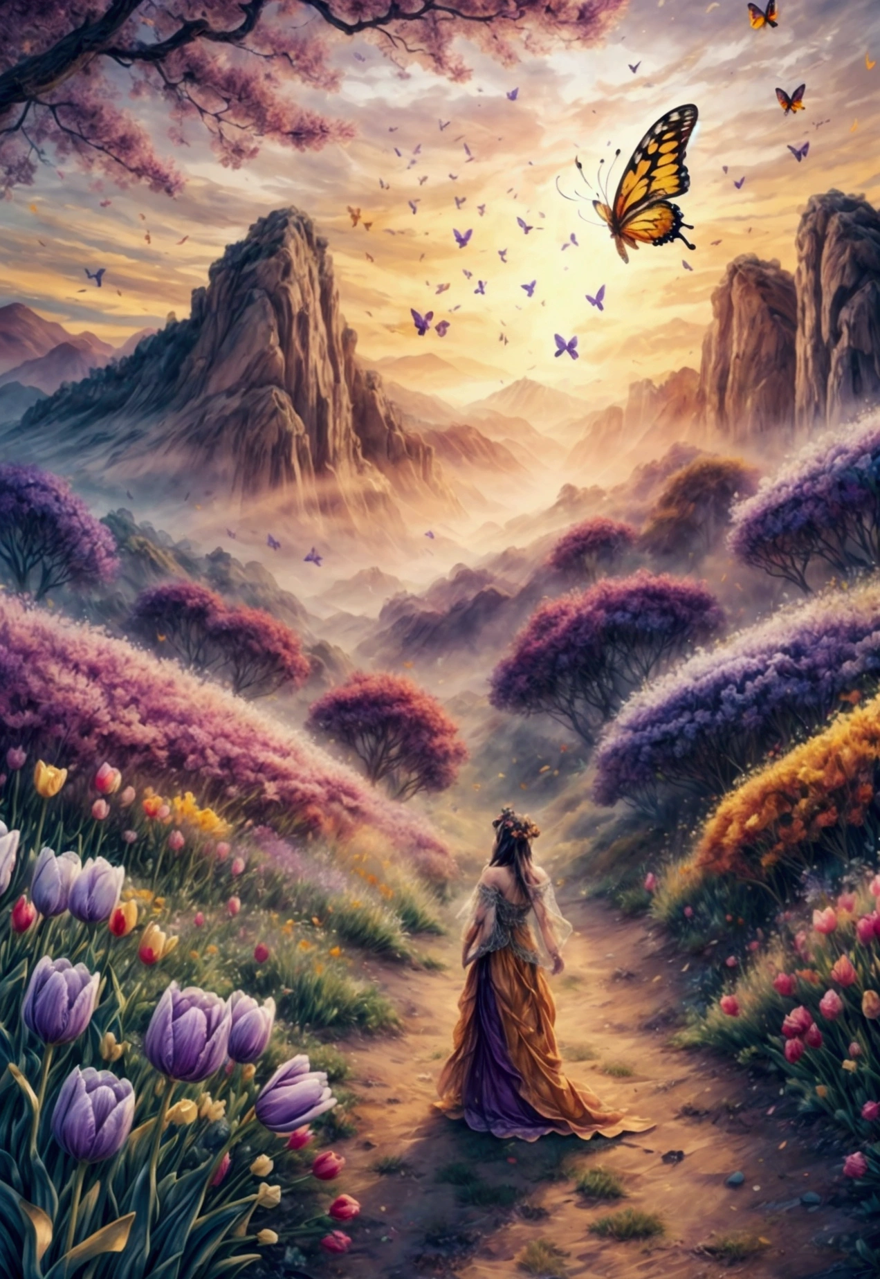 a field of beautiful tulip flowers, purple and golden butterflies flying,detailed floral arrangements, intricate petal textures, vibrant colors, natural lighting, cinematic composition, ethereal atmosphere, dreamlike quality, delicate butterfly wings, seamless integration, harmonious blend, photorealistic, highly detailed, 8k, best quality