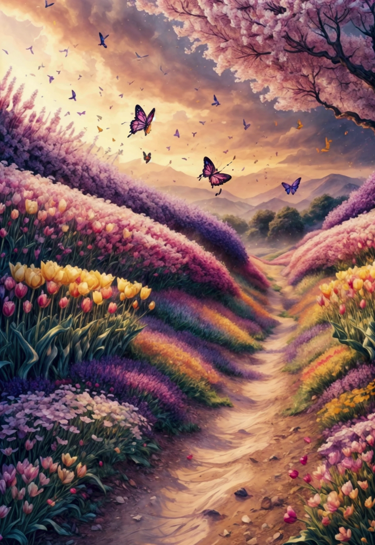 a field of beautiful tulip flowers, purple and golden butterflies flying,detailed floral arrangements, intricate petal textures, vibrant colors, natural lighting, cinematic composition, ethereal atmosphere, dreamlike quality, delicate butterfly wings, seamless integration, harmonious blend, photorealistic, highly detailed, 8k, best quality