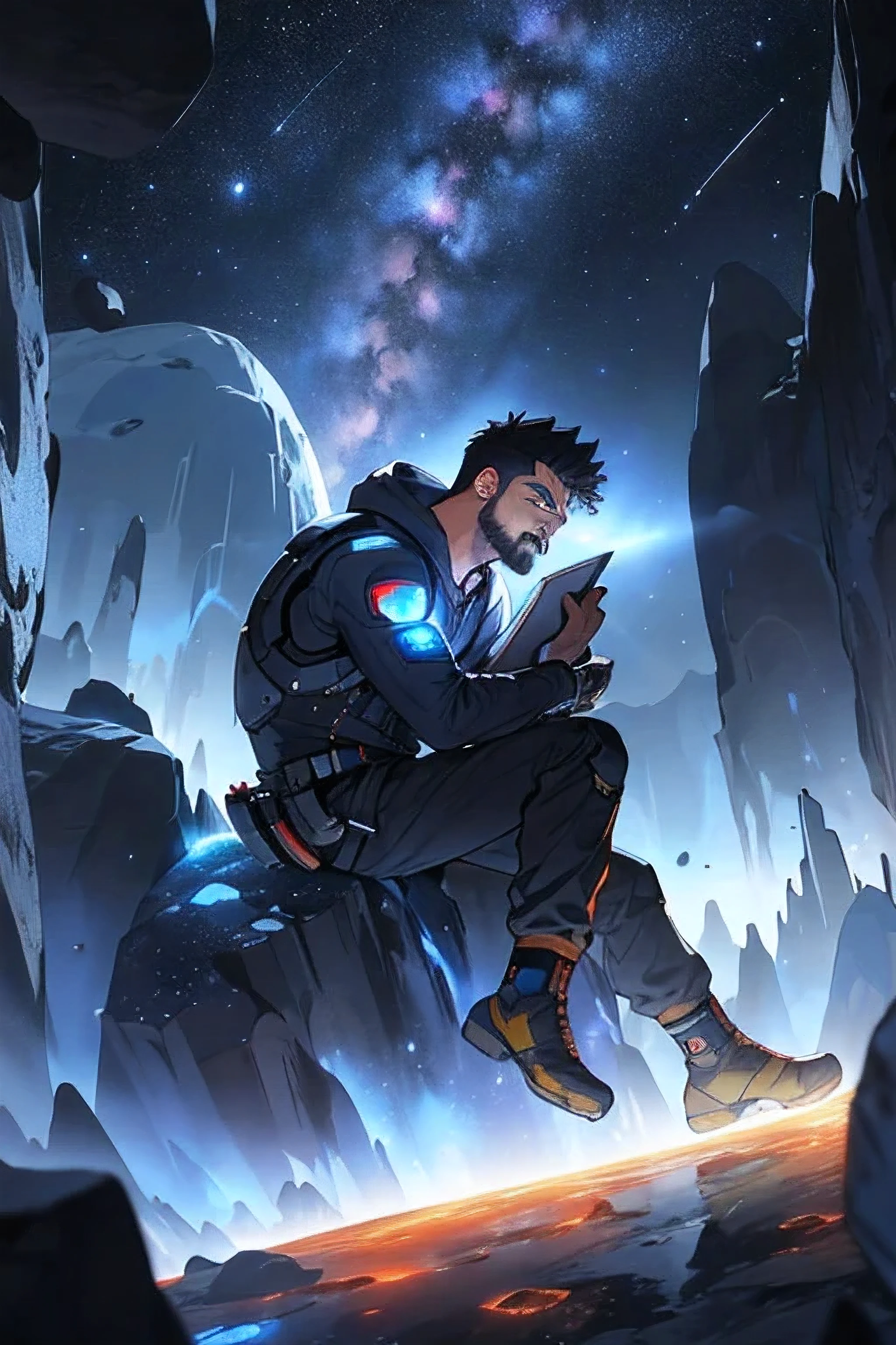 Draw a young programmer, sitting on a research platform floating in the middle of an asteroid belt. He is studying with a notebook, surrounded by several asteroids glowing with fiery auras. Dramatic lighting from distant stars and planets illuminates the scene, casting deep shadows on the suit. The young man looks confident and determined, looking at the vast and mysterious universe with wonder and respect,facial hair, cowboy shot,