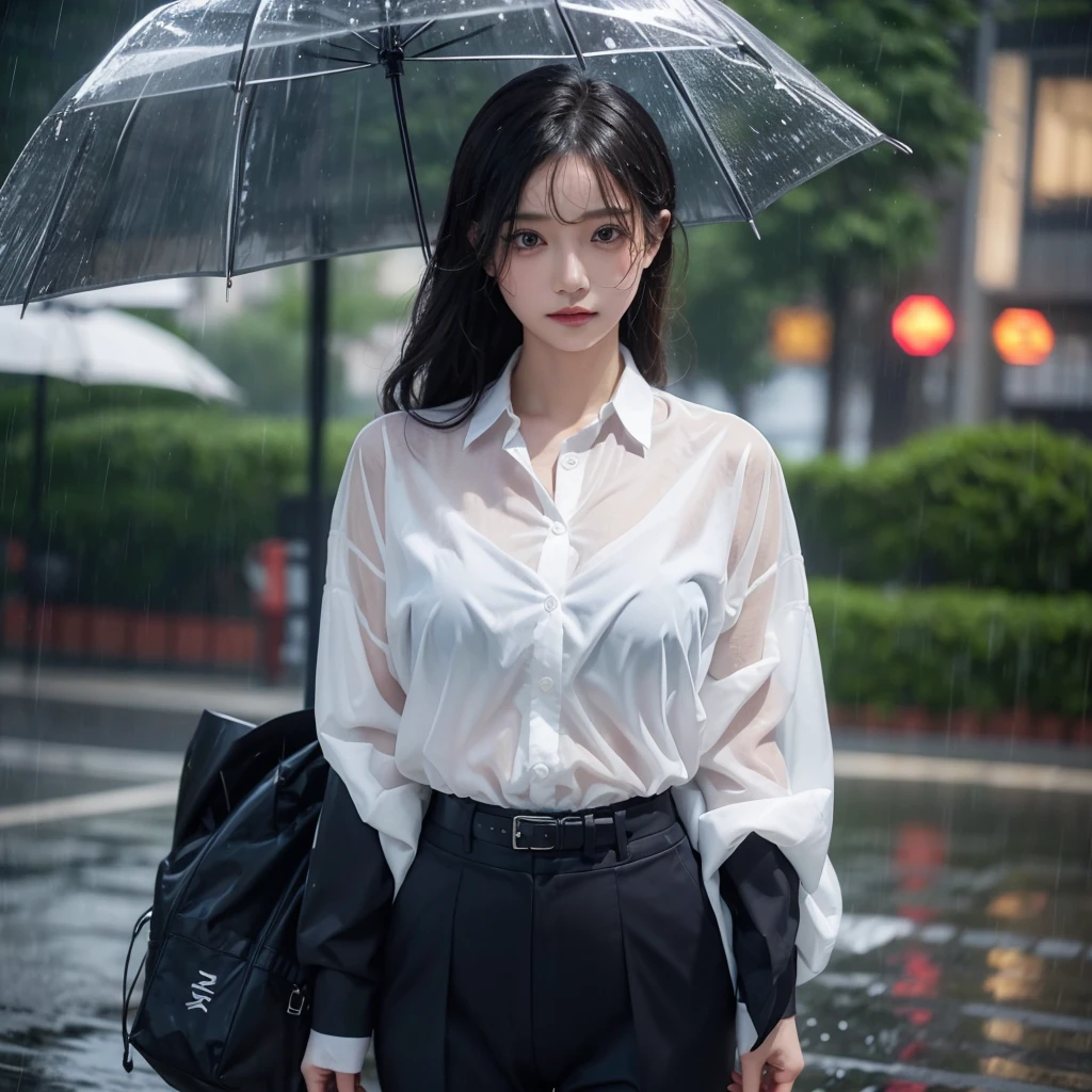 Beautiful woman getting wet in the rain、typhoon、Get wet without an umbrella、Beautiful woman in the rain、雨で濡れたBeautyOL、Detailed face、Realistic、beautiful girl、Beauty、Office Lady Uniform、beauty、Beautiful woman、Narrow waist、Handsome woman、Tight pants look、suit、Sexy pose、タイトなsuitパンツ、雨で濡れたsuit、Wet shirt、See-through shirt、Shot in heavy rain、See-through underwear