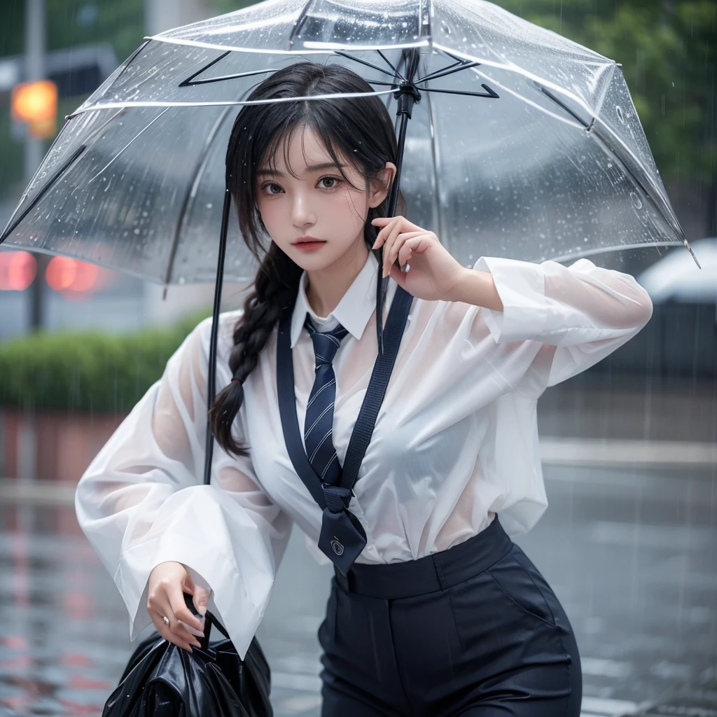 Beautiful woman getting wet in the rain、typhoon、Get wet without an umbrella、Beautiful woman in the rain、雨で濡れたBeautyOL、Detailed face、Realistic、beautiful girl、Beauty、Office Lady Uniform、beauty、Beautiful woman、Narrow waist、Handsome woman、Tight pants look、suit、Sexy pose、タイトなsuitパンツ、雨で濡れたsuit、Wet shirt、See-through shirt、Shot in heavy rain、See-through underwear