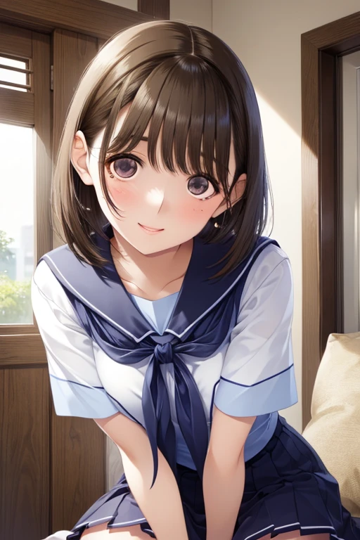 anegasaki nene、Shiny brown hair, short hair, (Beautiful brown eyes、Sparkling eyes, Fine grain)、smile、Ultra-detailed eyes、非常にDetailed face, Highly detailed eyes,

Short-sleeved sailor suit、Navy blue mini pleated skirt、Very short mini skirt、Bare thighs、

high resolution，high quality，Girl playing with dog，（20-year-old）, Kind eyes, Laughter, sad, Detailed face, 