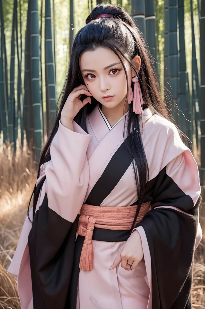 A realistic depiction of Nezuko Kamado from Demon Slayer (Kimetsu no Yaiba), portrayed as a real person. She has long, flowing black hair with orange tips and large, expressive pink eyes. She is wearing a light pink kimono with a geometric pattern, a dark brown haori, and a bamboo muzzle over her mouth. She stands in a forest, looking both innocent and fierce. The art style is highly detailed and lifelike.