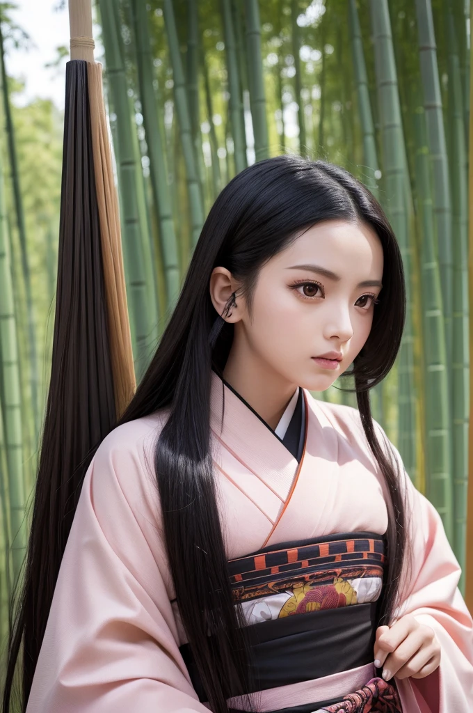 A realistic depiction of Nezuko Kamado from Demon Slayer (Kimetsu no Yaiba), portrayed as a real person. She has long, flowing black hair with orange tips and large, expressive pink eyes. She is wearing a light pink kimono with a geometric pattern, a dark brown haori, and a bamboo muzzle over her mouth. She stands in a forest, looking both innocent and fierce. The art style is highly detailed and lifelike.
