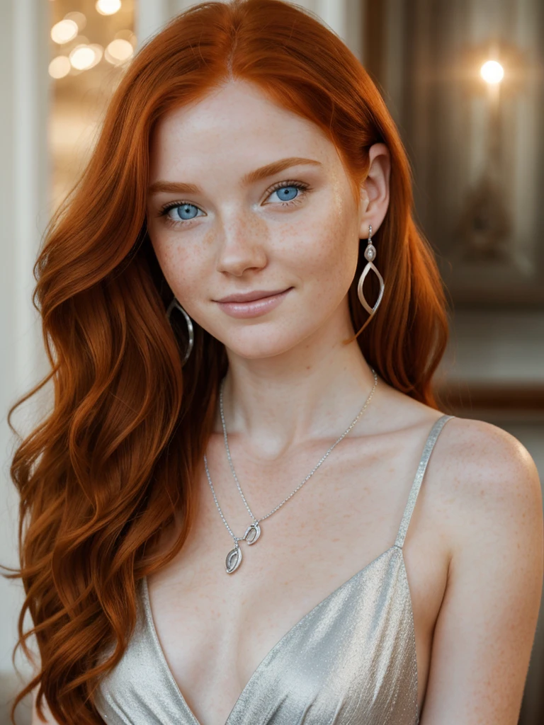 A happy and beautiful photo of the most beautiful redhead young woman, natural beauty, no makeup with pale skin, long wavy rich ginger hair, blue eyes, hollow cheeks, freckles on face and body, wearing a beautiful elegant silver dress, silver catholic necklace, silver earrings, silver female watch, in a fancy restaurant at sunset, Blurry background (Ultra details, High Quality)