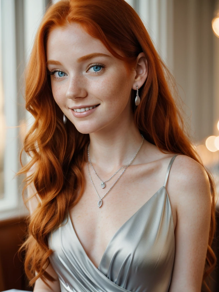 A happy and beautiful photo of the most beautiful redhead young woman, natural beauty, no makeup with pale skin, long wavy rich ginger hair, blue eyes, hollow cheeks, freckles on face and body, wearing a beautiful elegant silver dress, silver catholic necklace, silver earrings, silver female watch, in a fancy restaurant at sunset, Blurry background (Ultra details, High Quality)