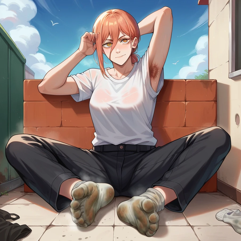 score_9, score_8_wonderful, score_7_wonderful, anime,pubic hair, Armpit hair, large amount of pubic hair, Chainsaw Man, force, only, Smelly feet, Five Fingers, Five Fingers, extremely Smelly feet, Black trousers, White T-shirt, Dirty socks, indoor