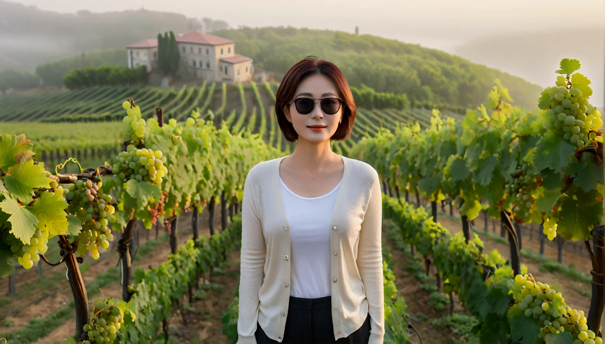 8k realistic, lifelike photo,, 36 year old Korean woman, Short in stature, pretty like a model. front view, White shirt and short cardigan, casual pants, short medium hair, Smiley, Italy. vineyard, thick dawn fog. vineyard 지나 짙은 안개 속으로 저 멀리 성당이 보인다. Full body shot from afar with a wide angle lens , 1 woman, Short in stature, looking at the camera, Excellent picture quality, The morning fog is thick, The picture quality is alive. Full body shot with Canon 16-35 wide angle lens, Wearing black horned sunglasses and looking up to the side, The cathedral is visible in the red morning sunlight., standing on a hill path.  grapes not ripe