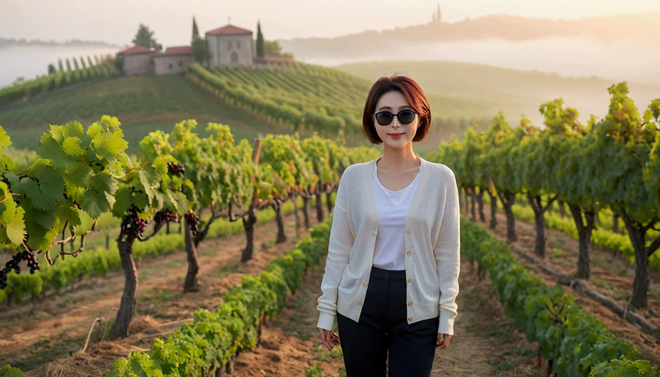 8k realistic, lifelike photo,, 36 year old Korean woman, Short in stature, pretty like a model. front view, White shirt and short cardigan, casual pants, short medium hair, Smiley, Italy. vineyard, thick dawn fog. vineyard 지나 짙은 안개 속으로 저 멀리 성당이 보인다. Full body shot from afar with a wide angle lens , 1 woman, Short in stature, looking at the camera, Excellent picture quality, The morning fog is thick, The picture quality is alive. Full body shot with Canon 16-35 wide angle lens, Wearing black horned sunglasses and looking up to the side, The cathedral is visible in the red morning sunlight., standing on a hill path.  grapes not ripe