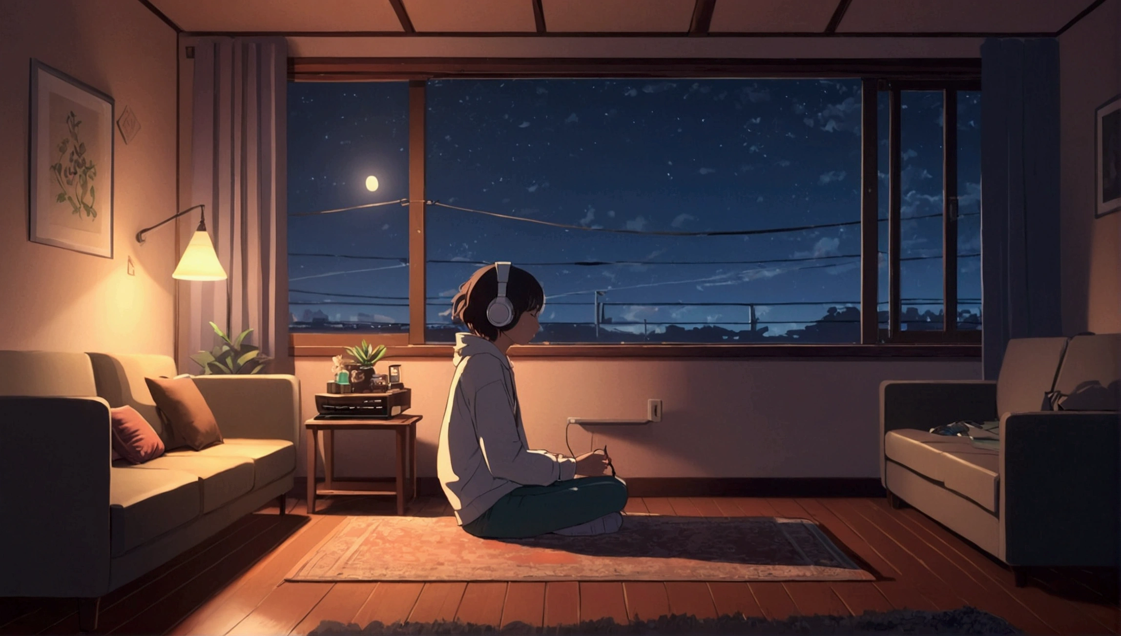night、Girl listening to music in a cozy room, Using headphones, 2D-style animation, Lo-Fi, High resolution, Dark Environment　Makoto Shinkai style