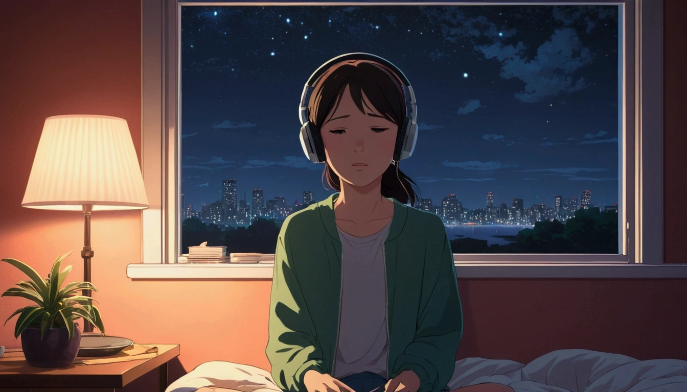 night、Girl listening to music in a cozy room, Using headphones, 2D-style animation, Lo-Fi, High resolution, Dark Environment Makoto Shinkai style