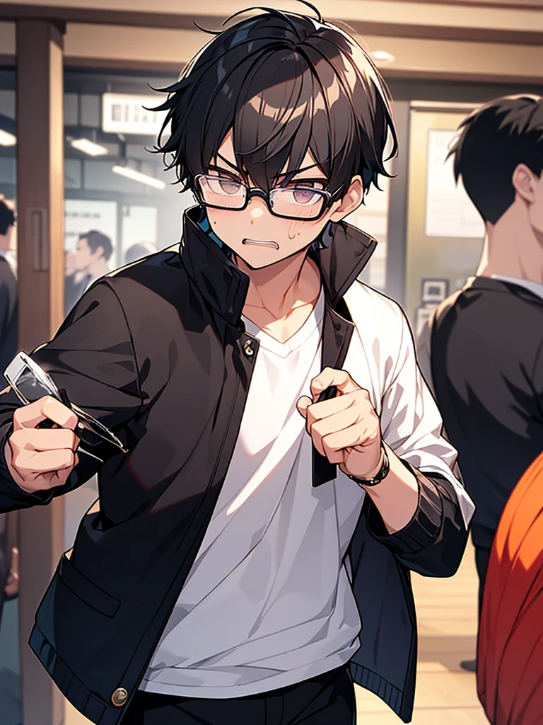 Black-haired, nerdy young man, white shirt, jacket, izakaya, angry face, wrinkles on eyebrows, glasses