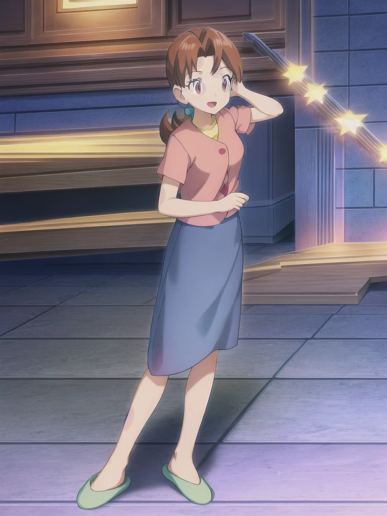 Delia_Ketchum 1girl, full body, looking at viewer, :d, open mouth, (extremely detailed CG unity 8k wallpaper), (masterpiece), (best quality), (ultra-detailed), (best illustration), (best shadow), (absurdres), finely detail, skirt, shirt, blue skirt, long skirt, pink shirt, slippers,