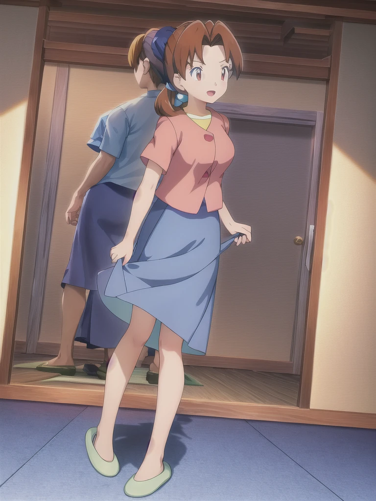 Delia_Ketchum 1girl, full body, looking at viewer, :d, open mouth, (extremely detailed CG unity 8k wallpaper), (masterpiece), (best quality), (ultra-detailed), (best illustration), (best shadow), (absurdres), finely detail, skirt, shirt, blue skirt, long skirt, pink shirt, slippers,